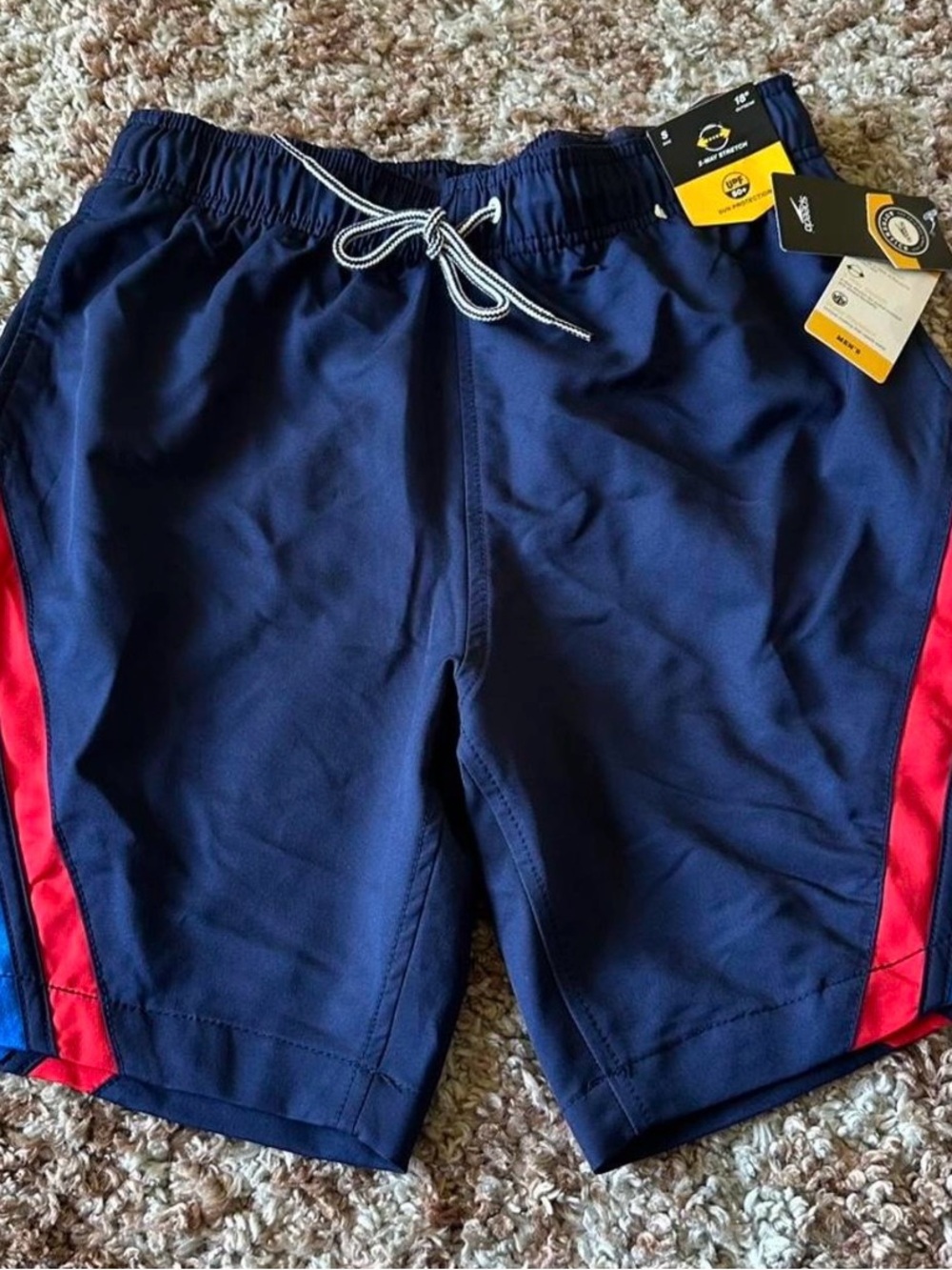 Speedo Men's Navy Athletic Swim Shorts with Red Side Panels